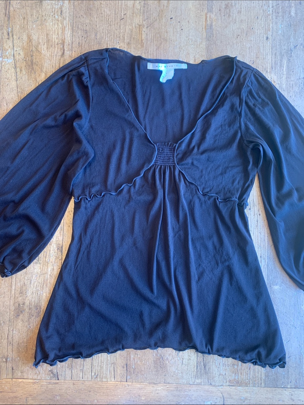 Max Studio Brown V-Neck Shirred Empire Waist Top
